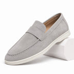 Grey suede-effect penny loafer detail view