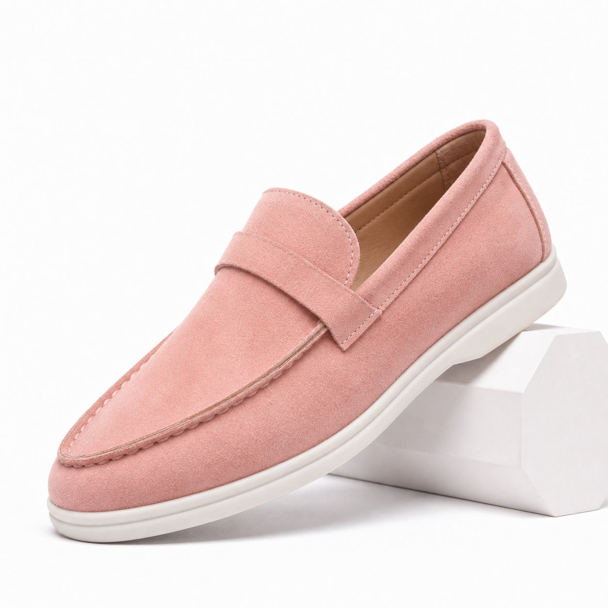 Pink suede-effect penny loafer detail view