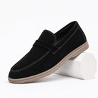 Black suede-effect penny loafer detail view