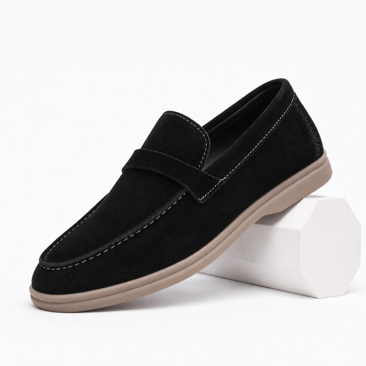 Black suede-effect penny loafer detail view
