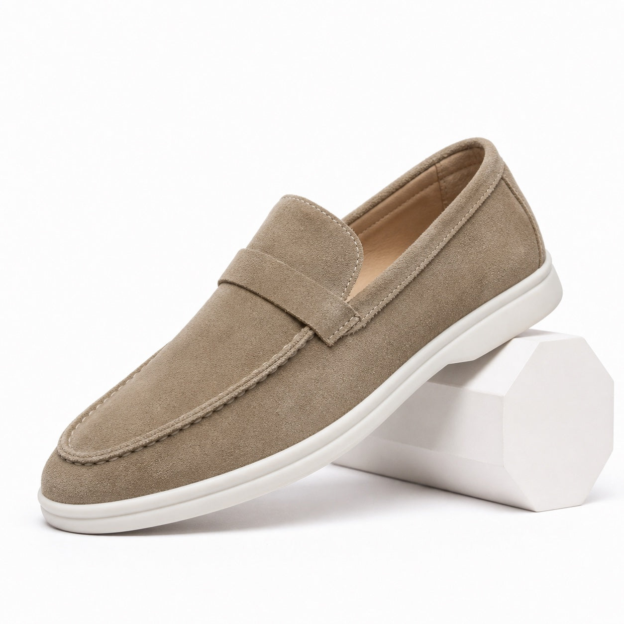 Camel suede-effect penny loafer detail view