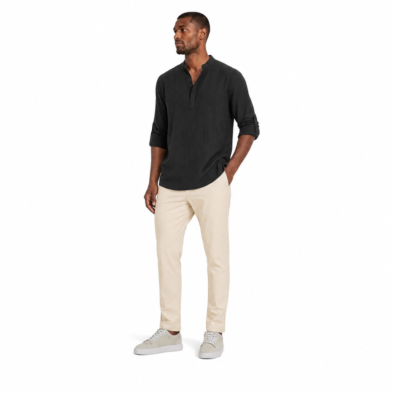 Men's Linen-Look Henley Shirt Roll-Tab Sleeve Relaxed Fit
