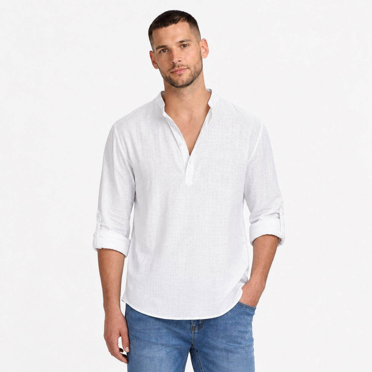 Men's Linen-Look Henley Shirt Roll-Tab Sleeve Relaxed Fit