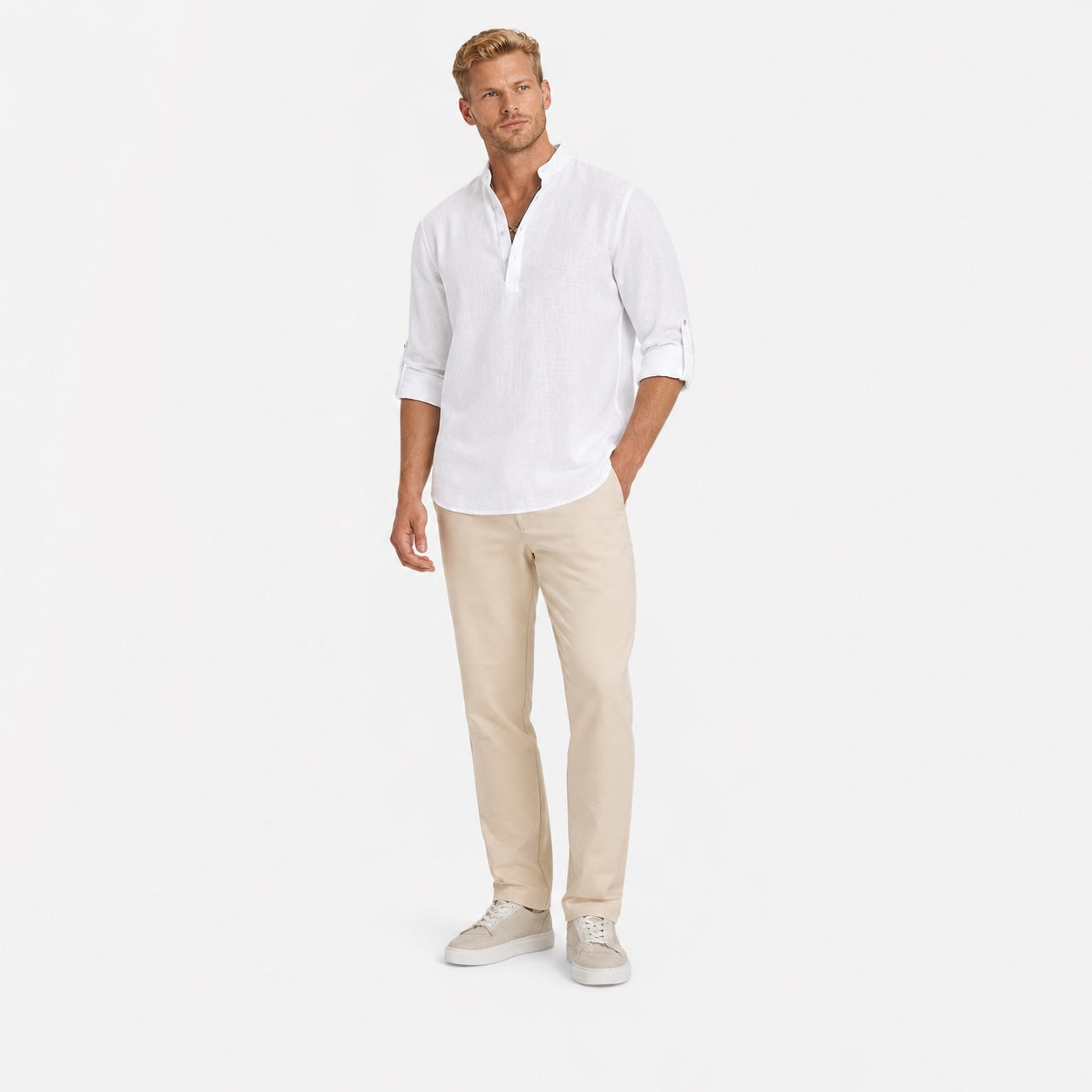 Men's Linen-Look Henley Shirt Roll-Tab Sleeve Relaxed Fit