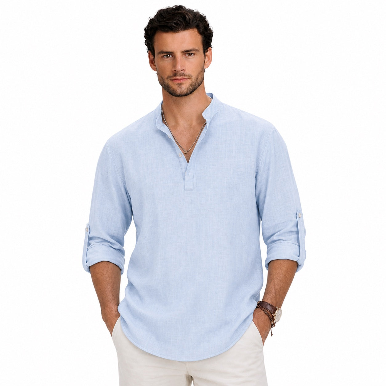 Men's Linen-Look Henley Shirt Roll-Tab Sleeve Relaxed Fit