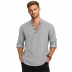 Men's Linen-Look Henley Shirt Roll-Tab Sleeve Relaxed Fit