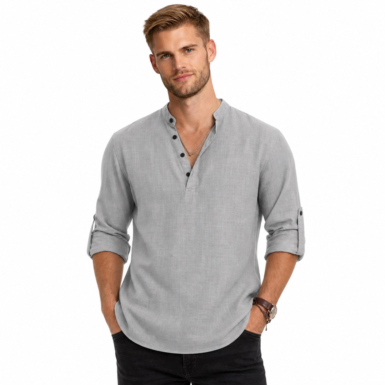 Men's Linen-Look Henley Shirt Roll-Tab Sleeve Relaxed Fit