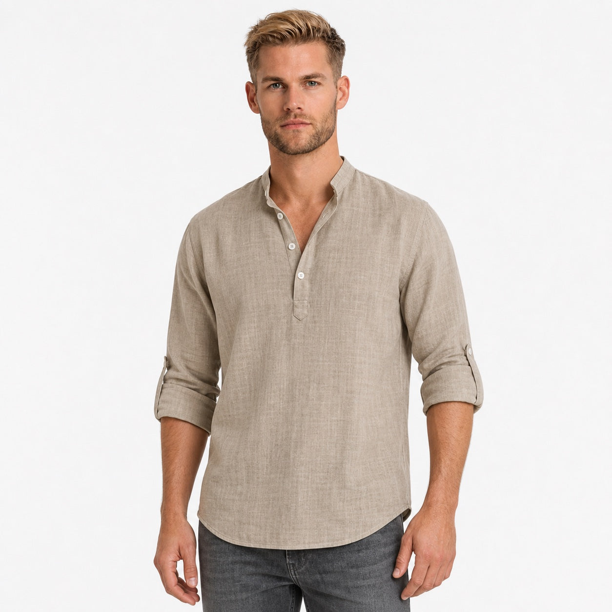 Men's Linen-Look Henley Shirt Roll-Tab Sleeve Relaxed Fit