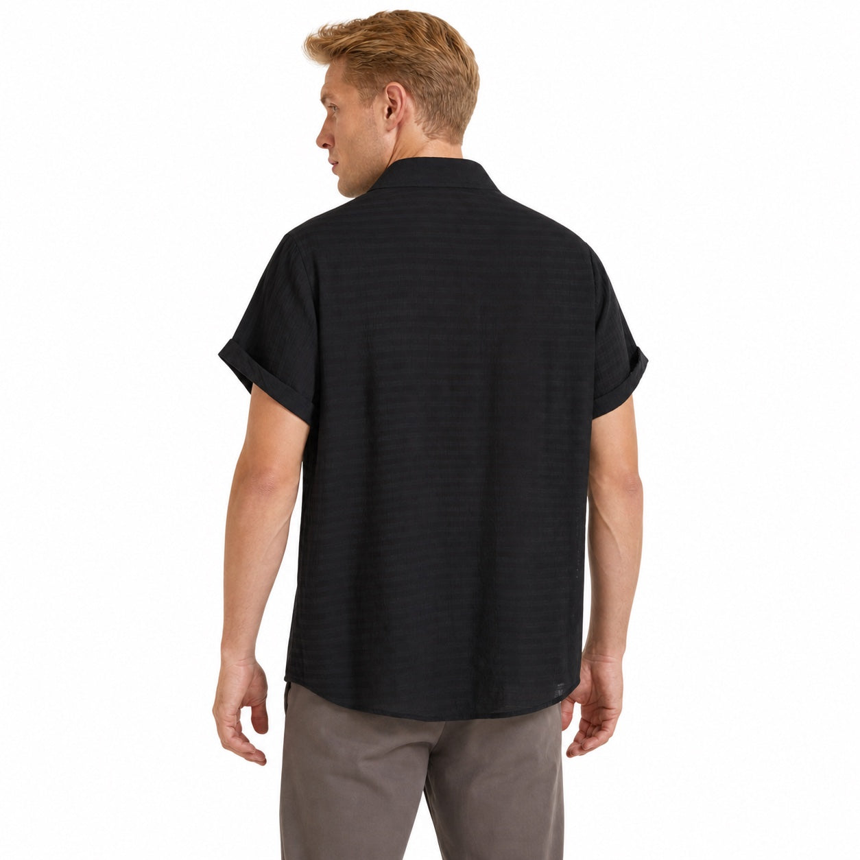 Men's Textured Button Shirt Cuffed Short-Sleeve Relaxed Fit