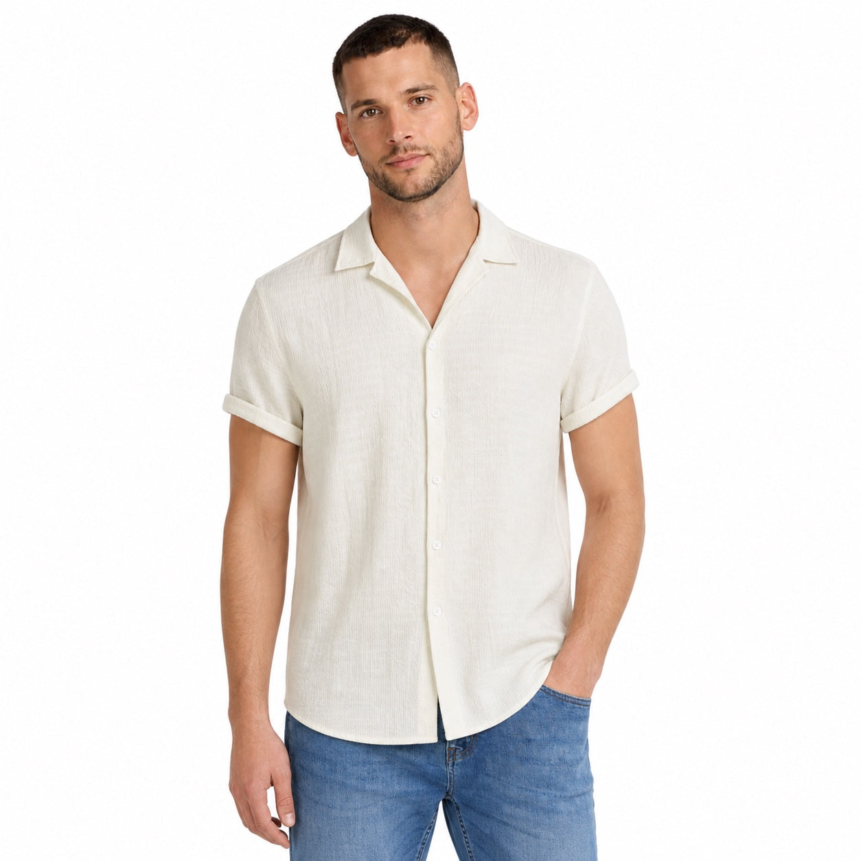 Men's Textured Button Shirt Cuffed Short-Sleeve Relaxed Fit