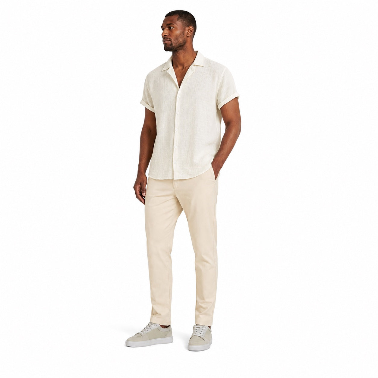 Men's Textured Button Shirt Cuffed Short-Sleeve Relaxed Fit