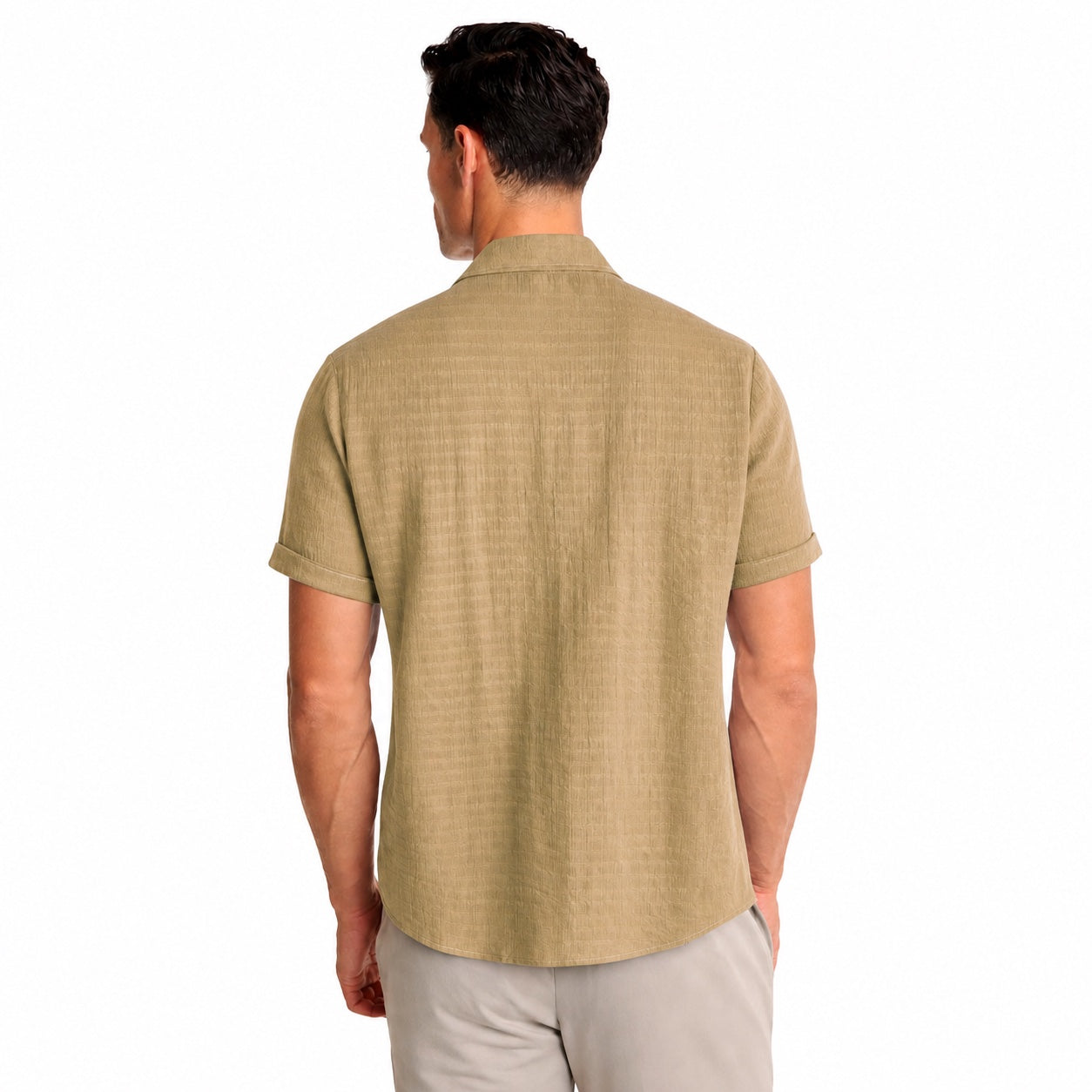 Men's Textured Button Shirt Cuffed Short-Sleeve Relaxed Fit