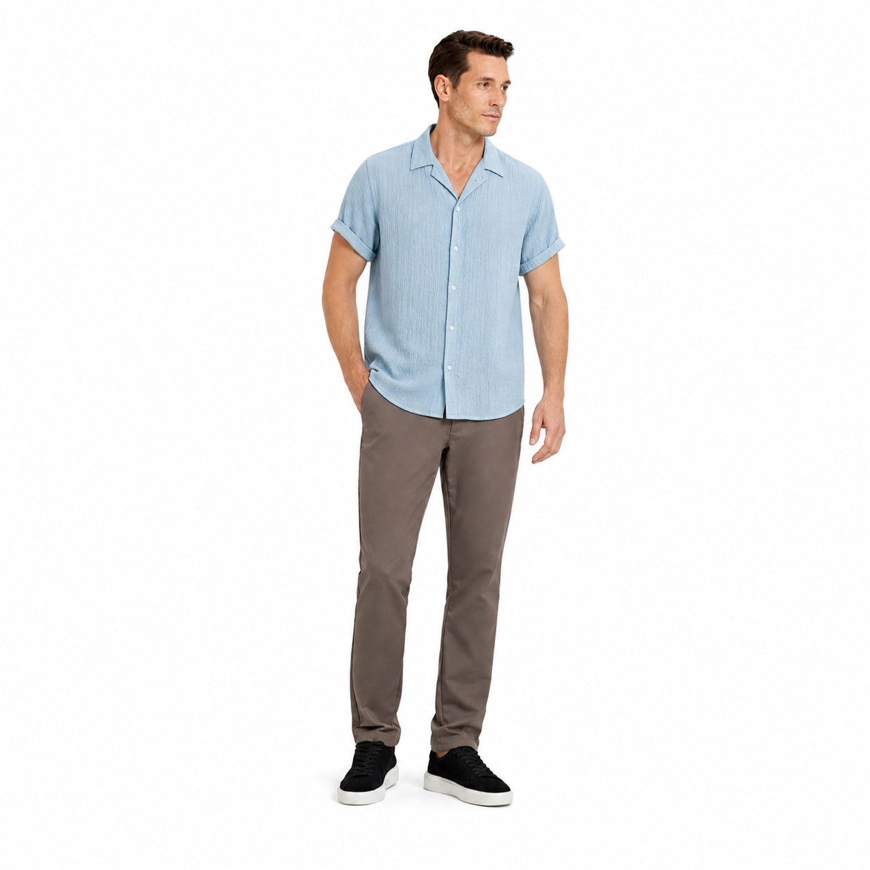 Men's Textured Button Shirt Cuffed Short-Sleeve Relaxed Fit