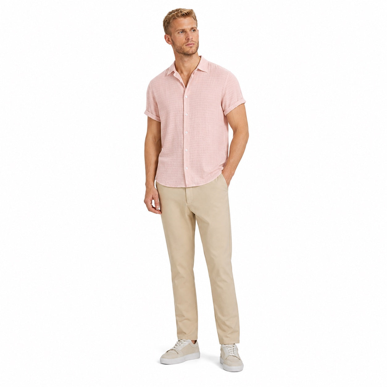 Men's Textured Button Shirt Cuffed Short-Sleeve Relaxed Fit