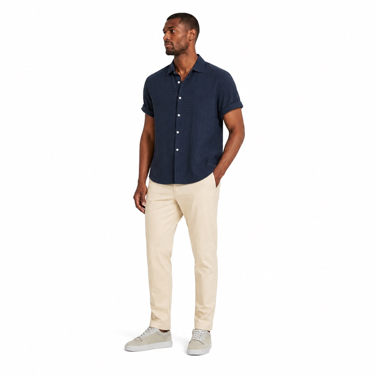 Men's Textured Button Shirt Cuffed Short-Sleeve Relaxed Fit