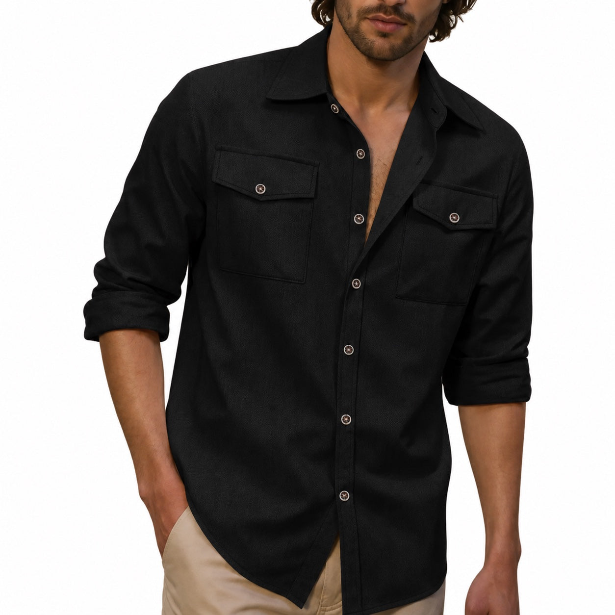 Men's Dual-Pocket Utility Shirt Long Sleeve Relaxed Fit