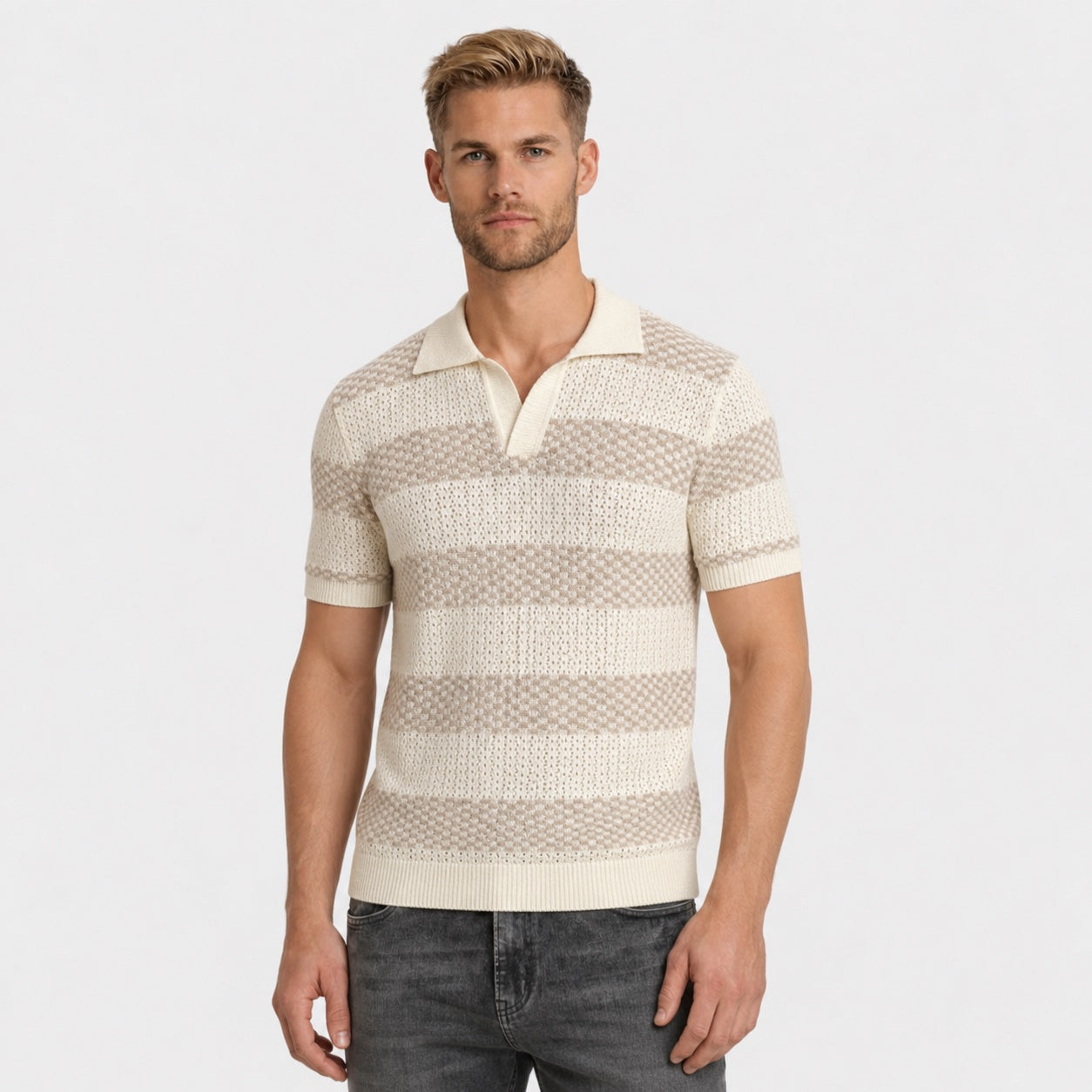 Men's Striped Knit Polo Open Collar Short Sleeve