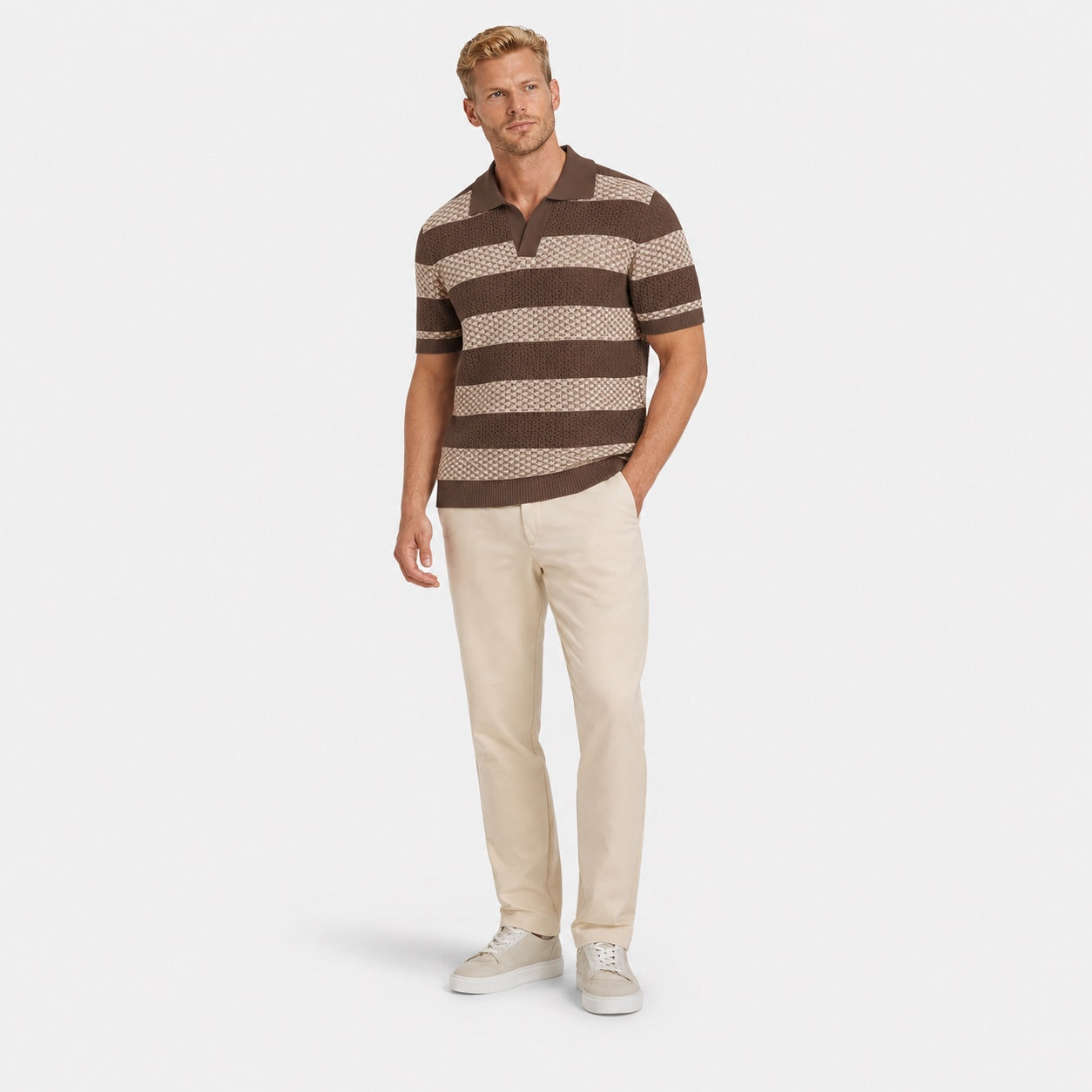 Men's Striped Knit Polo Open Collar Short Sleeve
