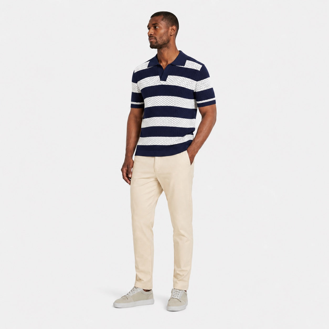 Men's Striped Knit Polo Open Collar Short Sleeve