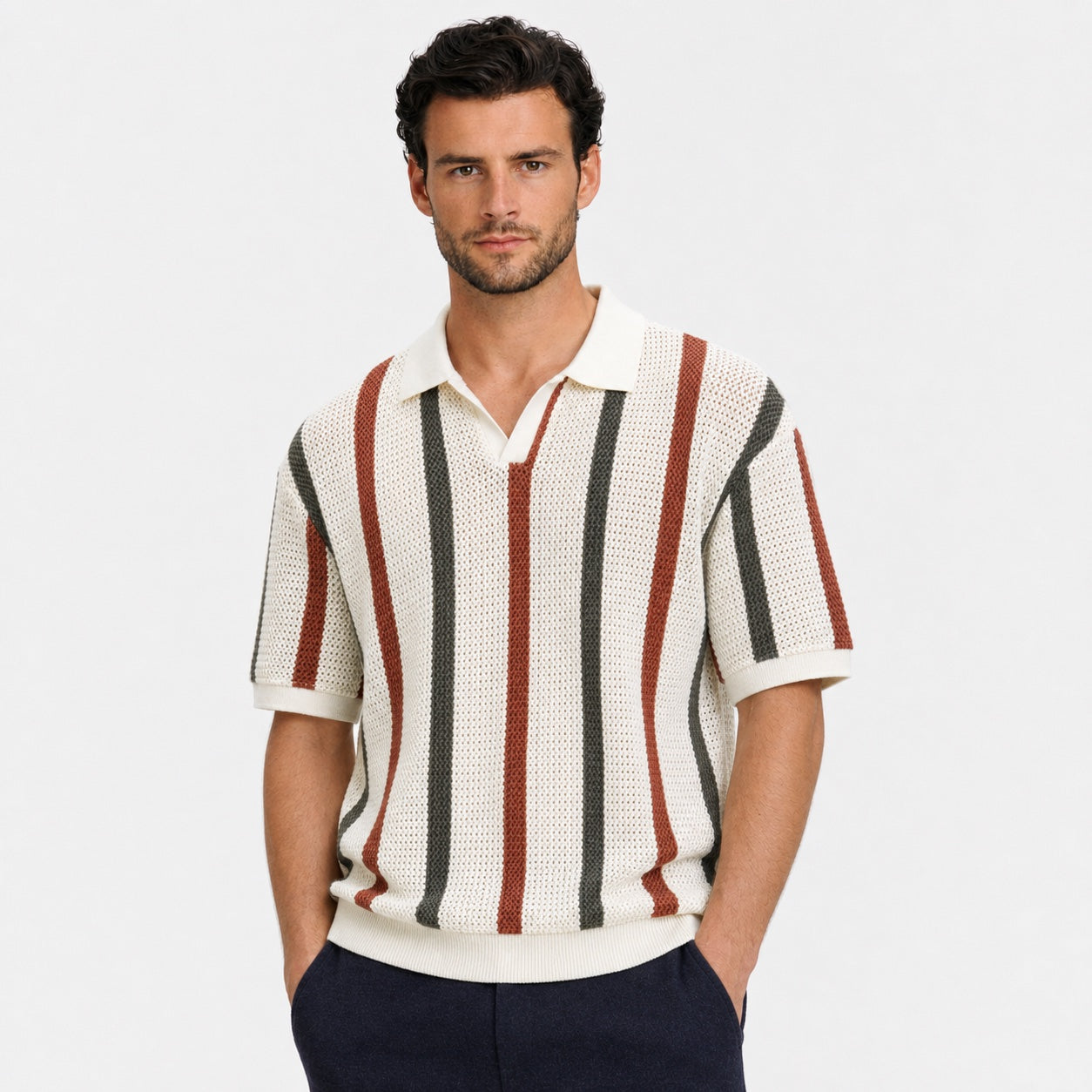 Men's Stripe Knit Polo Open Collar Short Sleeve Relaxed Fit