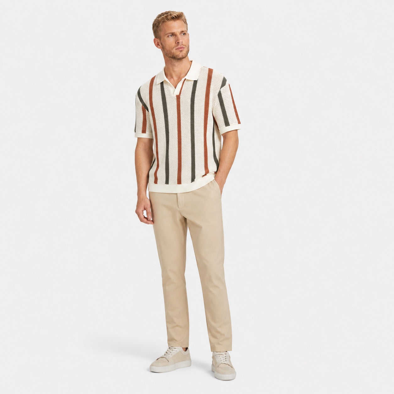 Men's Stripe Knit Polo Open Collar Short Sleeve Relaxed Fit