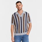 Men's Stripe Knit Polo Open Collar Short Sleeve Relaxed Fit