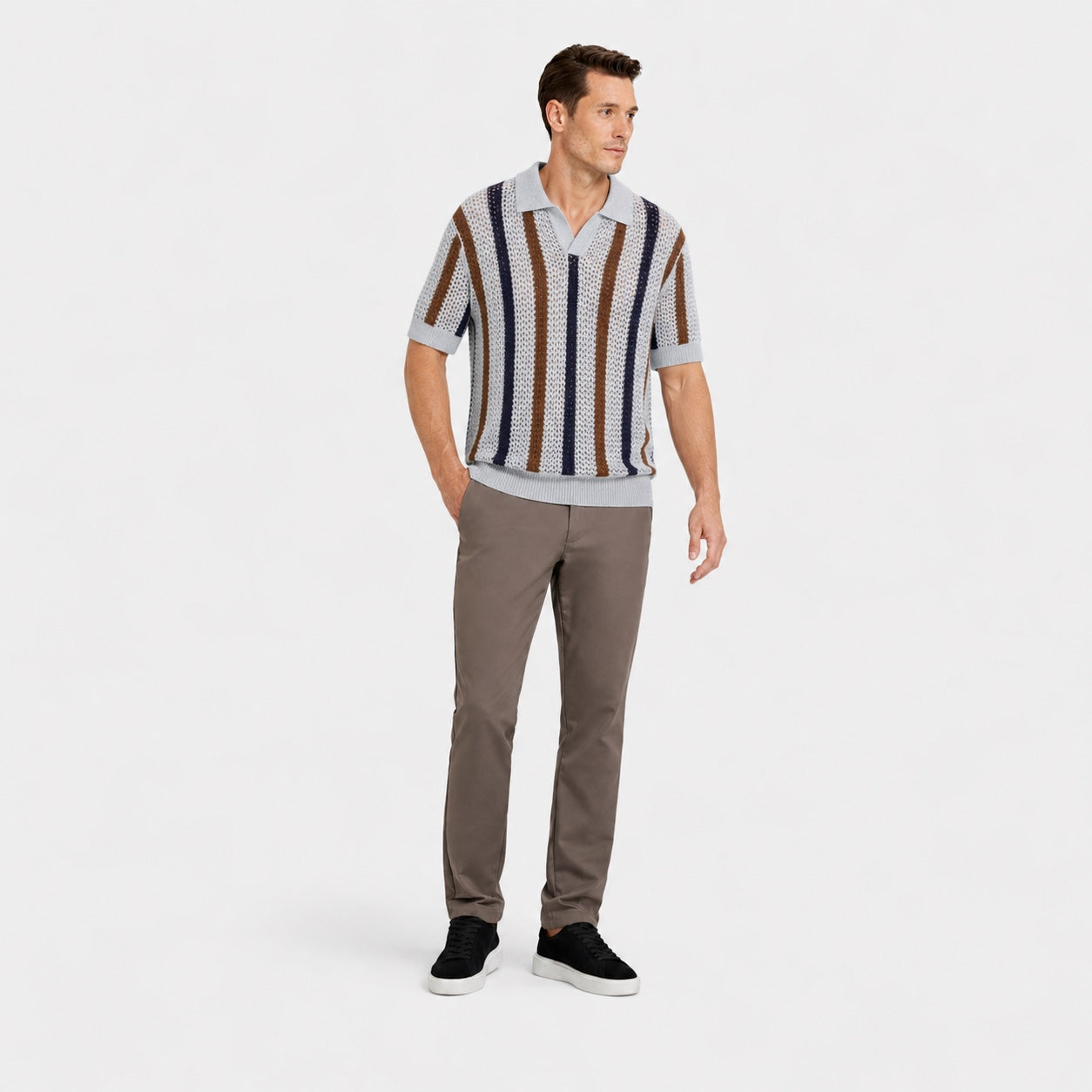 Men's Stripe Knit Polo Open Collar Short Sleeve Relaxed Fit