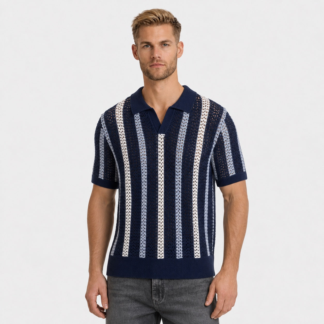 Men's Stripe Knit Polo Open Collar Short Sleeve Relaxed Fit