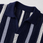 Men's Stripe Knit Polo Open Collar Short Sleeve Relaxed Fit
