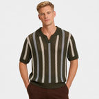Men's Stripe Knit Polo Open Collar Short Sleeve Relaxed Fit