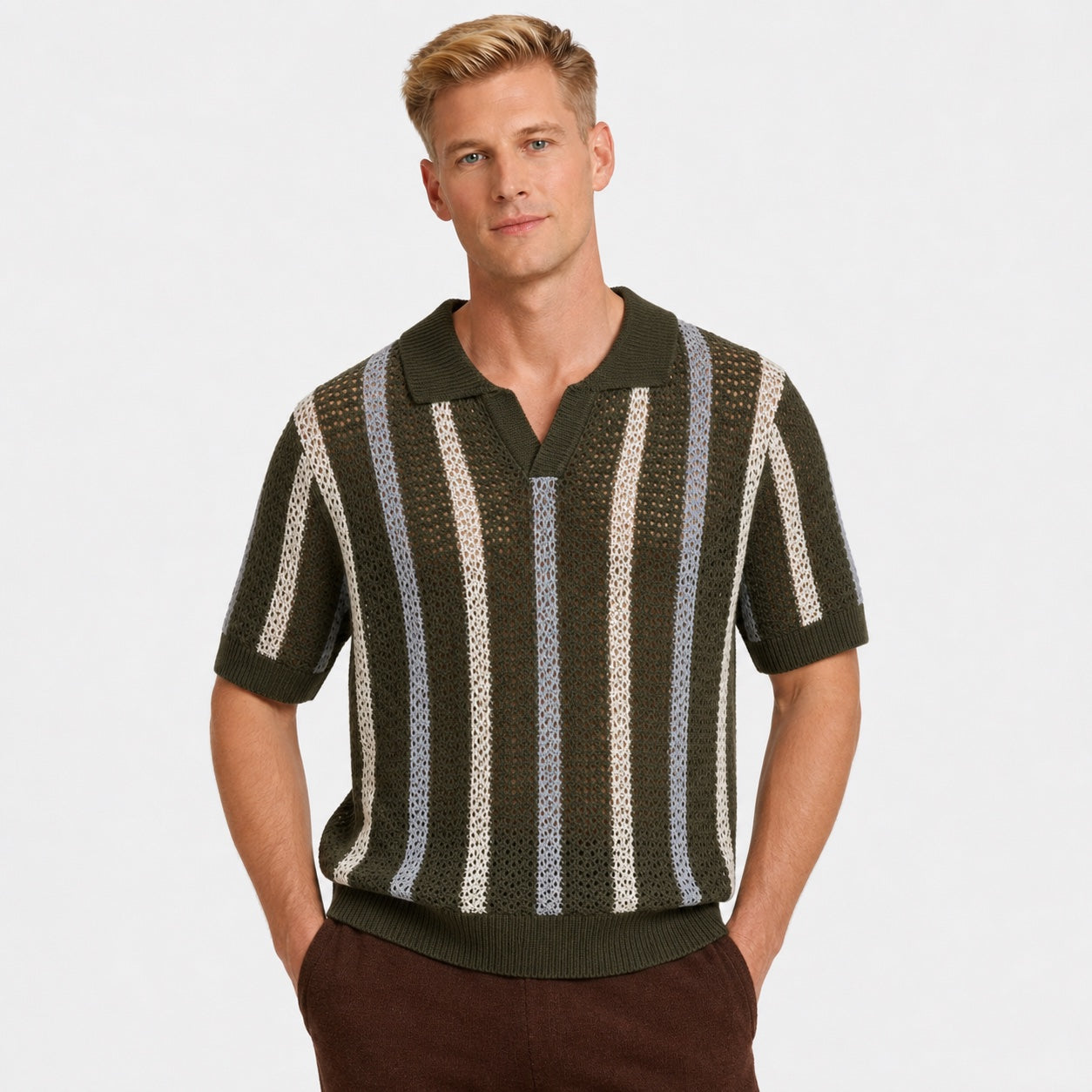 Men's Stripe Knit Polo Open Collar Short Sleeve Relaxed Fit