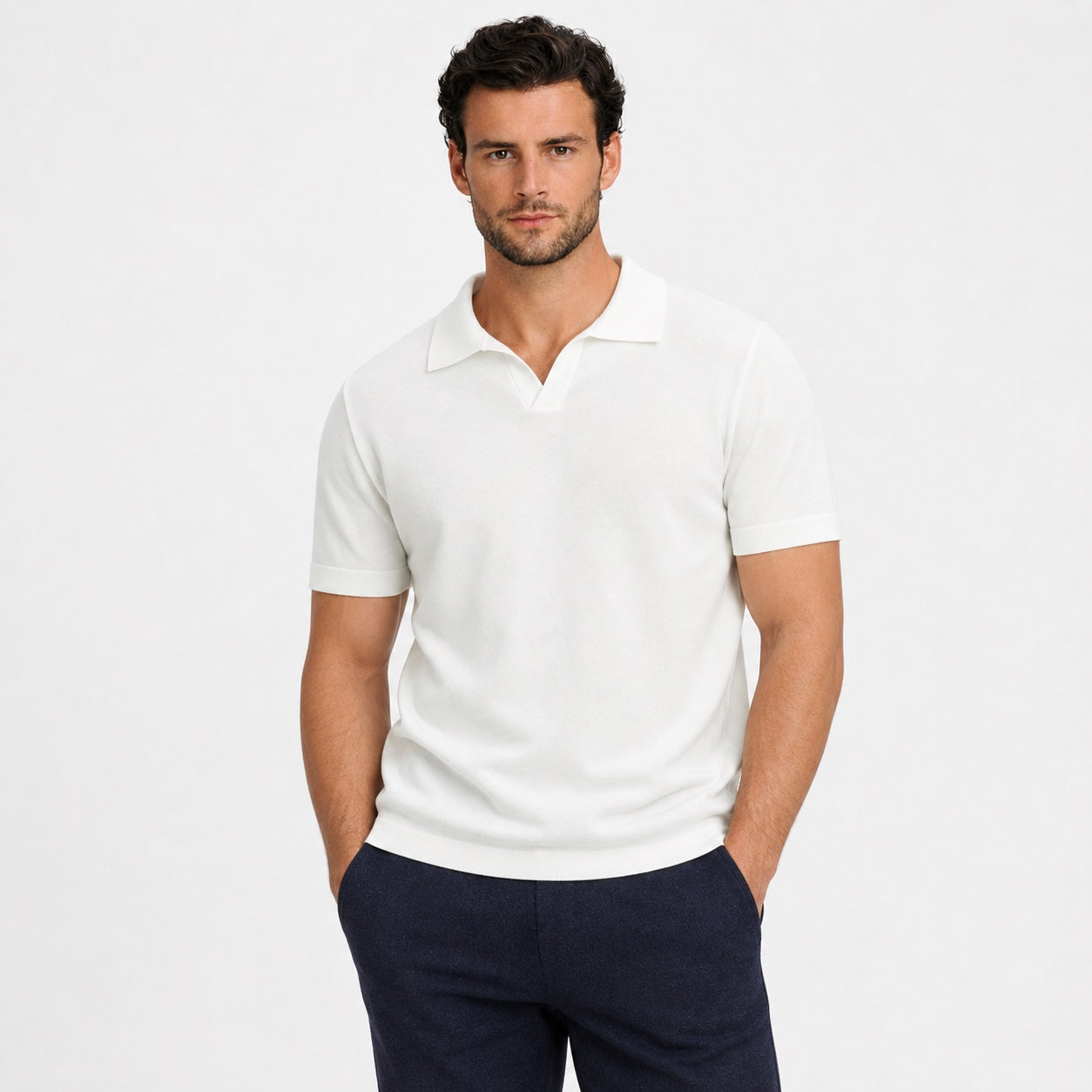 Men's Fine-Knit Polo Open Collar Short Sleeve Regular Fit