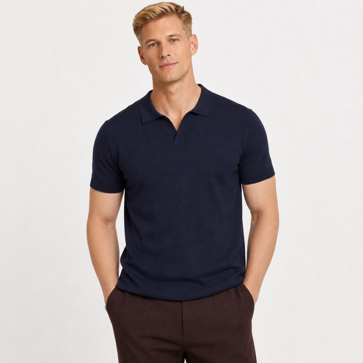 Men's Fine-Knit Polo Open Collar Short Sleeve Regular Fit