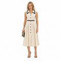 Women's Buttoned Contrast Collar Midi Dress A-Line Fit