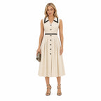 Women's Buttoned Contrast Collar Midi Dress A-Line Fit