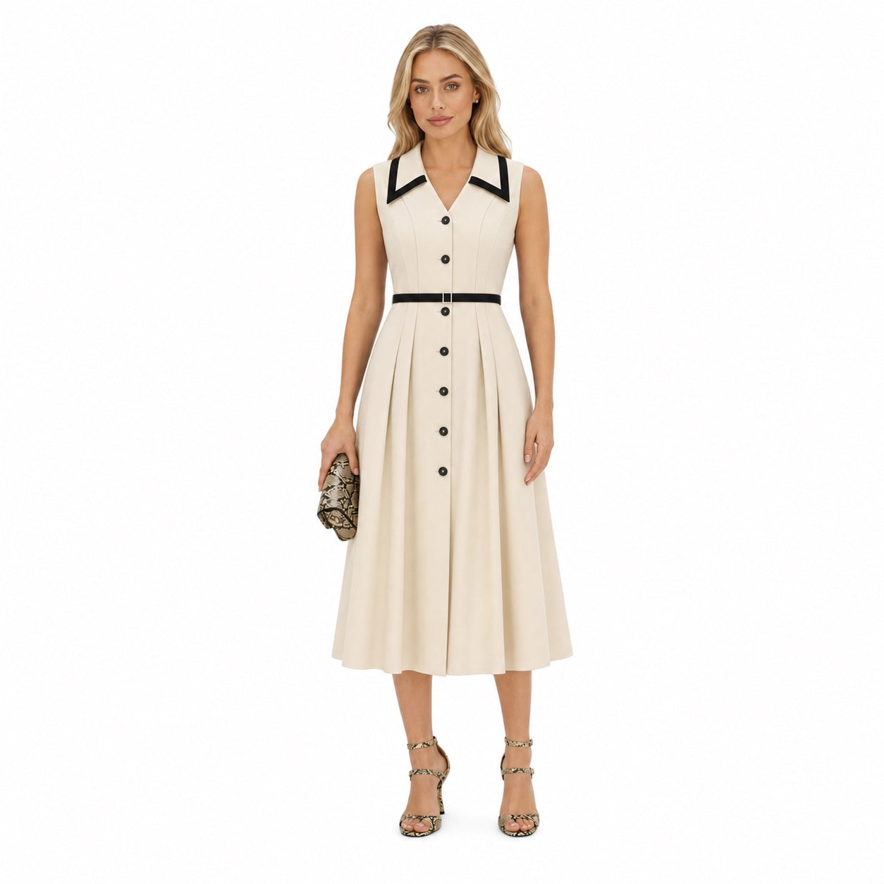 Women's Buttoned Contrast Collar Midi Dress A-Line Fit