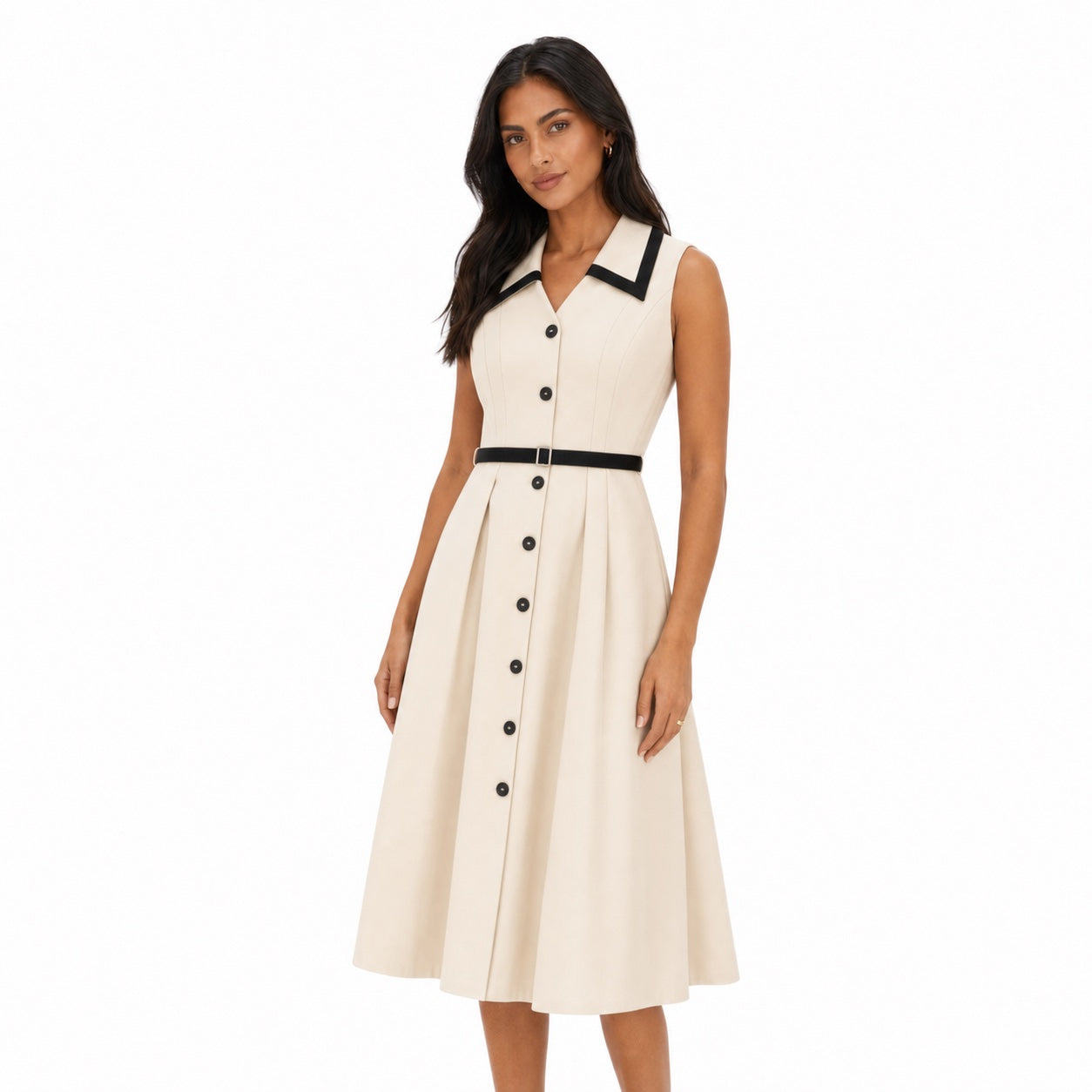 Women's Buttoned Contrast Collar Midi Dress A-Line Fit