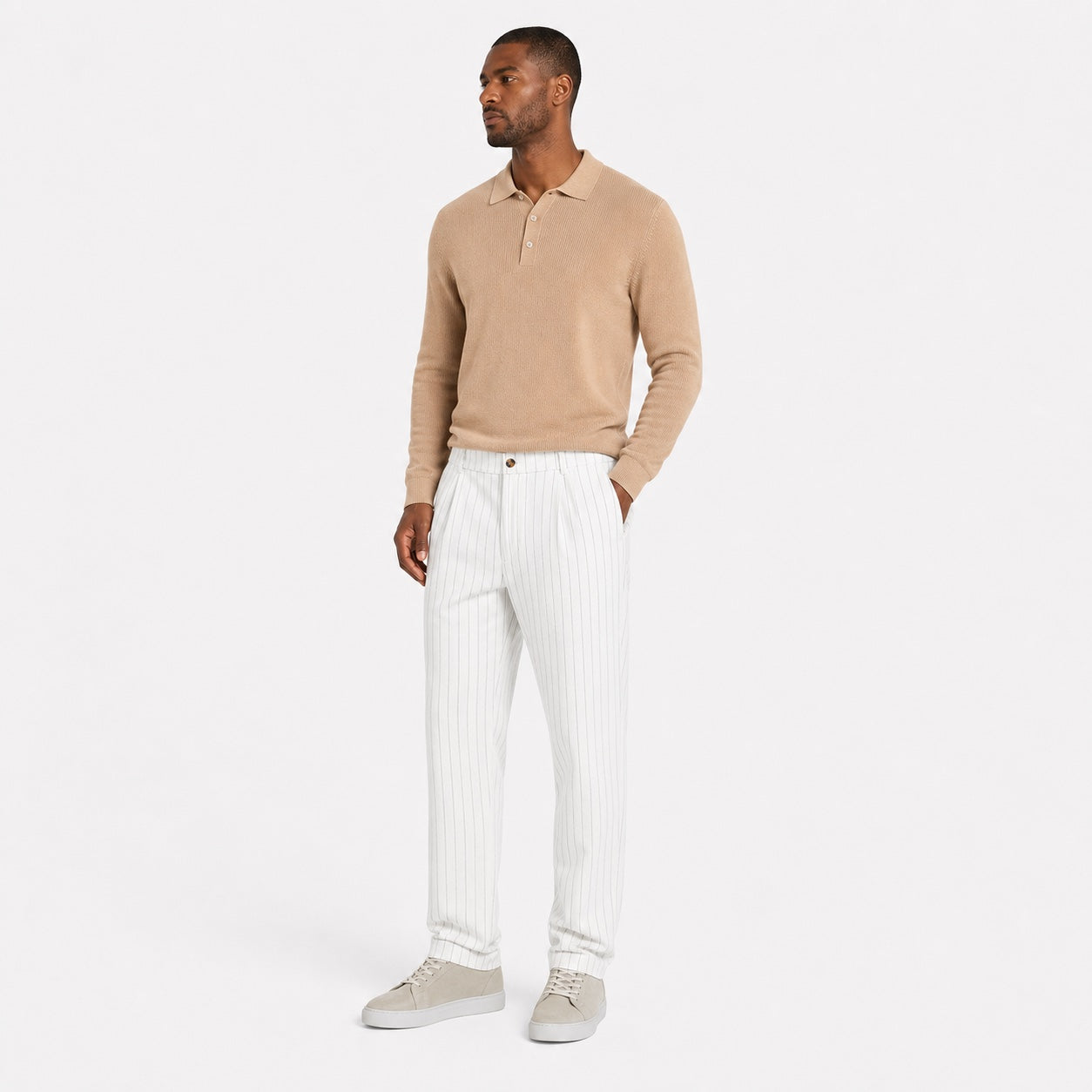 Men's white pinstripe pleated trousers full front view
