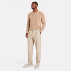 Men's beige pinstripe pleated trousers full front view