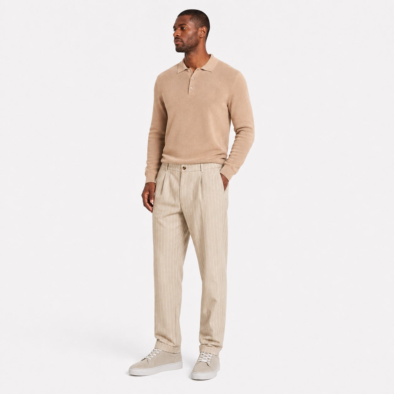 Men's beige pinstripe pleated trousers full front view