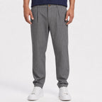 Men's grey pinstripe pleated trousers front view