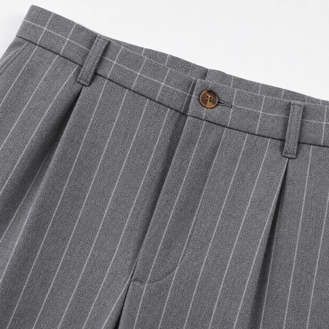 Men's grey pinstripe pleated trousers waistband detail