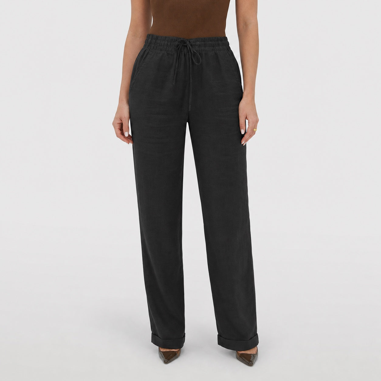 Black linen-look drawstring trousers front