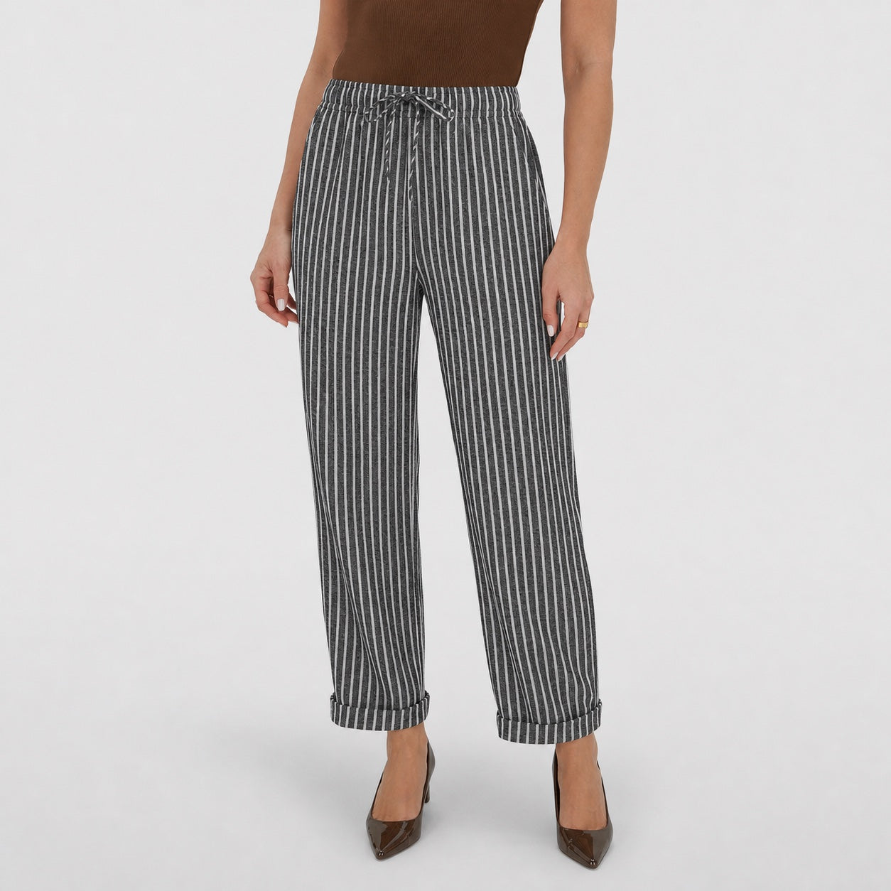 Black striped drawstring cropped trousers front