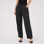 Black linen-look drawstring trousers close view