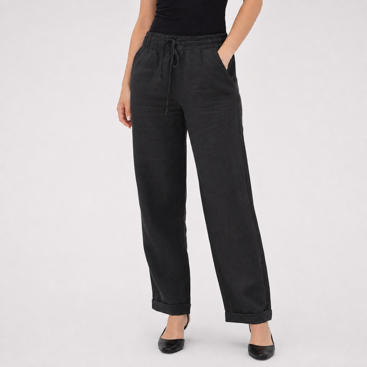 Black linen-look drawstring trousers close view