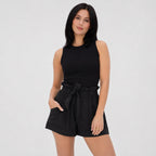 Black paperbag-waist shorts close view