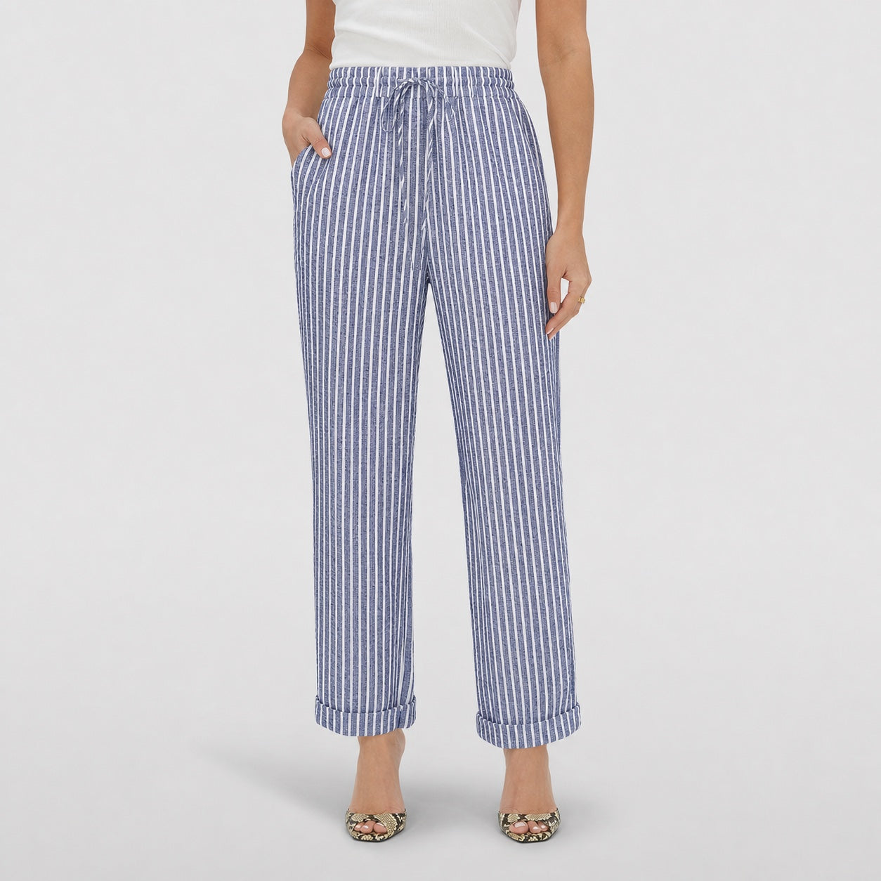 Blue striped drawstring cropped trousers front