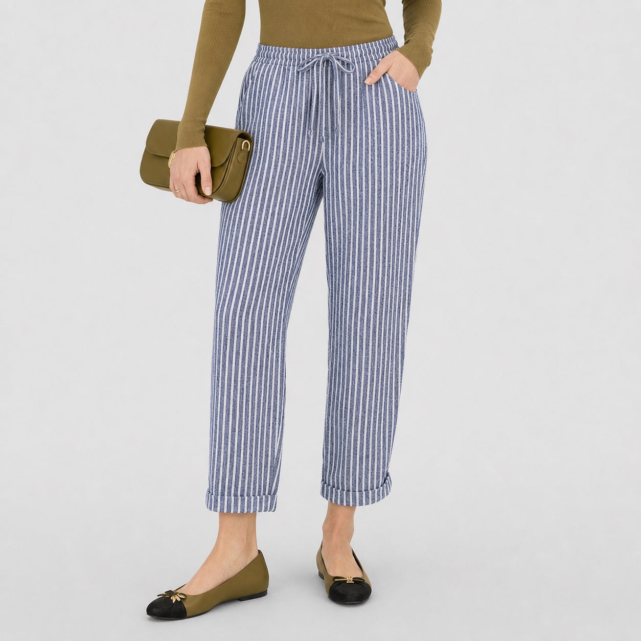 Blue striped drawstring cropped trousers close view