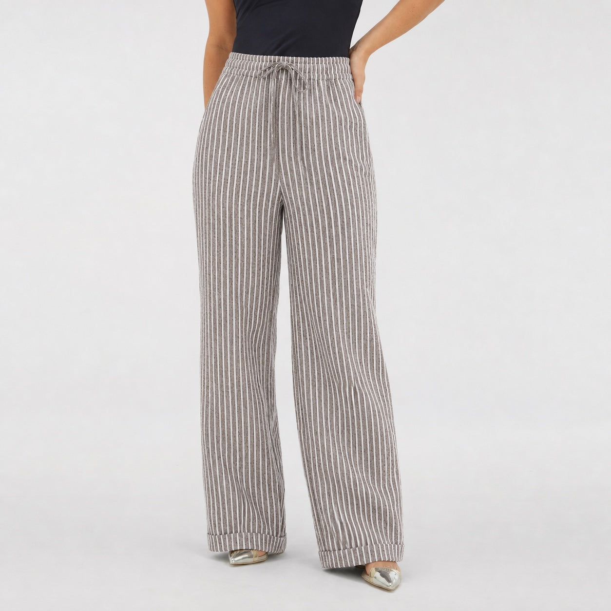 Brown striped drawstring cropped trousers front